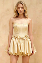 Emma Light Yellow Satin Mini Dress | A-Line Strapless Corset Hoco Dress