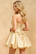Emma Light Yellow Satin Mini Dress | A-Line Strapless Corset Hoco Dress