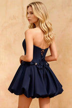 Emma Navy Blue Satin Mini Dress | Strapless Corset Party Dress