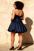 Emma Navy Blue Satin Mini Dress | Strapless Corset Party Dress