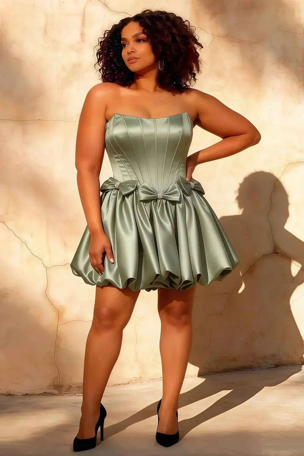 Emma Sage Green Satin Mini Dress for Cocktail & Party