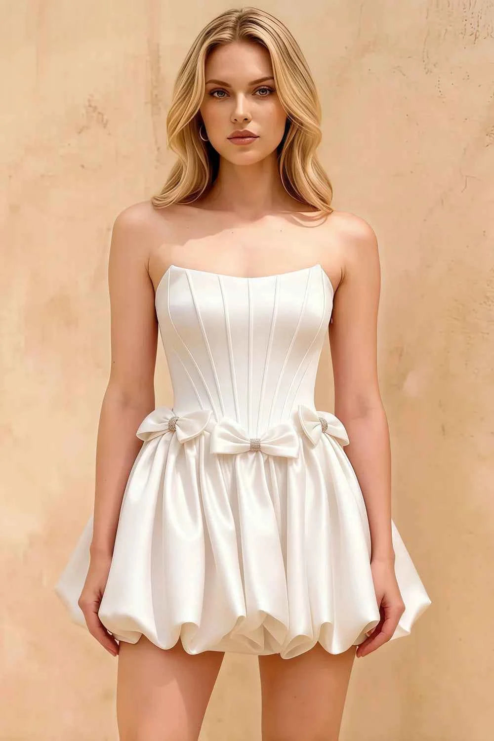 Emma White Satin Mini Dress | Strapless Corset Party Gown
