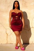 Erica Burgundy Pleated Mini Dress | Strapless Satin Cocktail Dress for Women