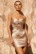 Erica Champagne Mini Pleated Dress | Strapless Satin Cocktail & Party Dress