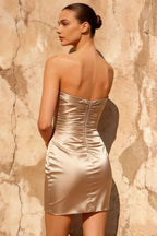 Erica Champagne Mini Pleated Dress | Strapless Satin Cocktail & Party Dress