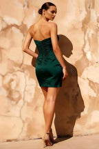 Erica Emerald Green Pleated Mini Dress for Women - Strapless Satin Cocktail Dress