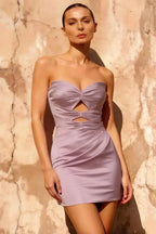 Erica Lilac Satin Mini Dress | Pleated Sweetheart Neckline Cutout Party Dress