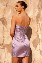 Erica Lilac Satin Mini Dress | Pleated Sweetheart Neckline Cutout Party Dress