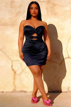Erica Navy Blue Pleated Mini Dress | Strapless Cocktail & Party Dress for Women
