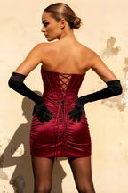 Erin Burgundy Bodycon Mini Dress with Cutouts | Rhinestone Bow