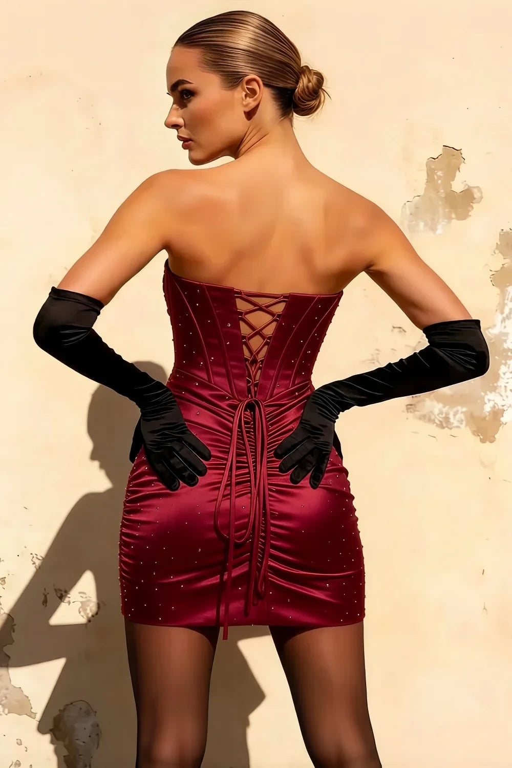 Erin Burgundy Bodycon Mini Dress with Cutouts | Rhinestone Bow