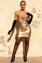 Erin Champagne Rhinestone Bow Cutout Mini Dress