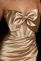 Erin Champagne Rhinestone Bow Cutout Mini Dress