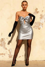 Erin Silver Bow Mini Dress with Cutouts | Rhinestone Satin