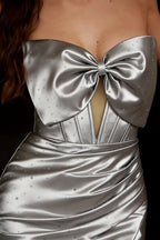 Erin Silver Bow Mini Dress with Cutouts | Rhinestone Satin