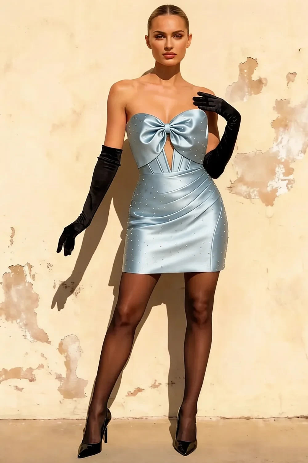 Erin Sky Blue Rhinestone Bow Cutout Dress Mini