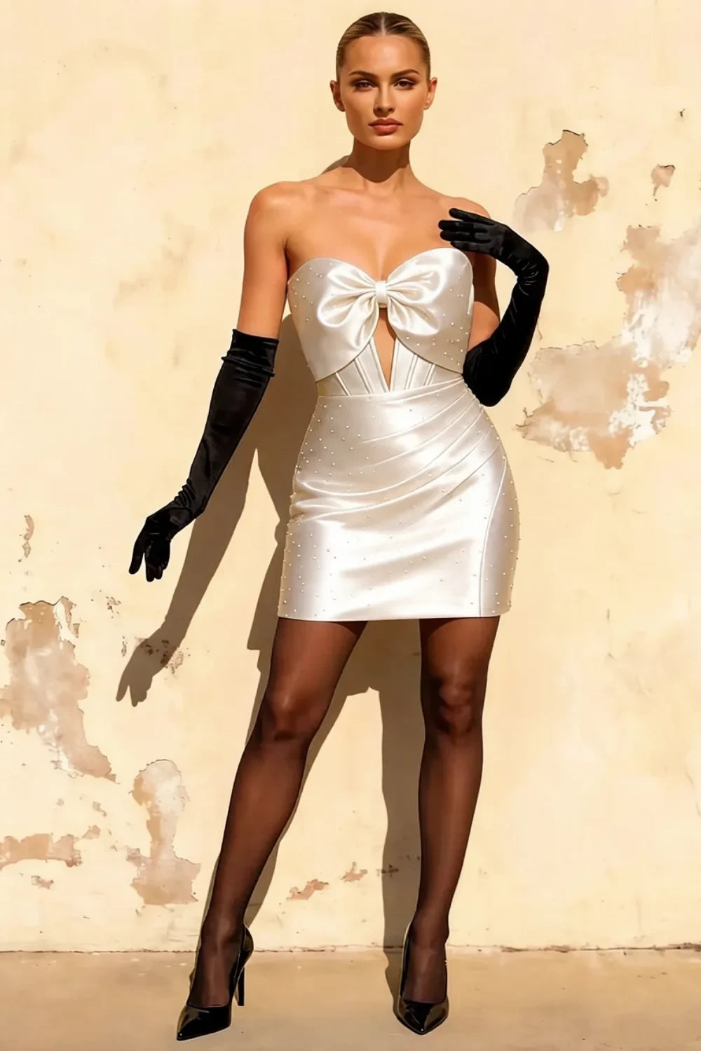 Erin White Cutout Mini Dress | Rhinestone Bow Satin Party Dress Main image