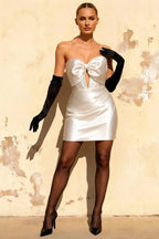 Erin White Cutout Mini Dress | Rhinestone Bow Satin Party Dress