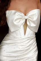 Erin White Cutout Mini Dress | Rhinestone Bow Satin Party Dress