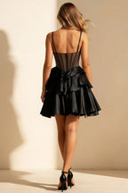 Esther Black Mini Dress with Bow - Tiered Ruffle Party Gown