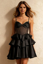 Esther Black Mini Dress with Bow - Tiered Ruffle Party Gown