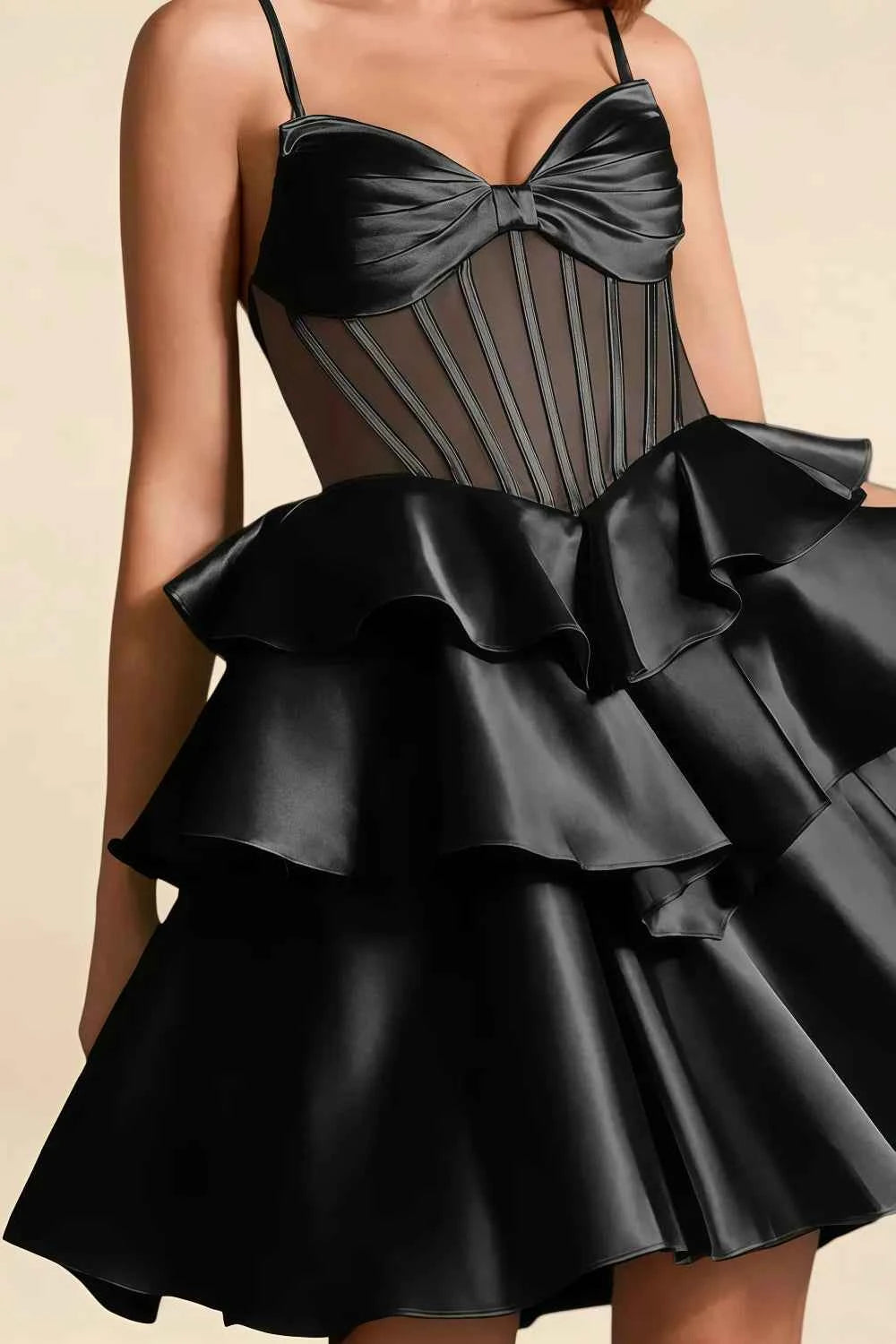 Esther Black Mini Dress with Bow - Tiered Ruffle Party Gown