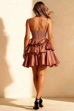 Esther Bronze Mini Dress Bows | Tiered Satin Homecoming Party Look