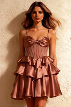 Esther Bronze Mini Dress Bows | Tiered Satin Homecoming Party Look