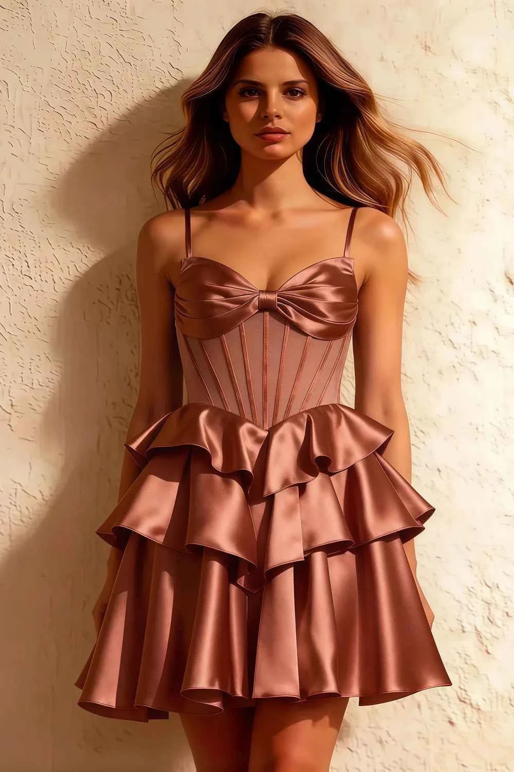 Esther Bronze Mini Dress Bows | Tiered Satin Homecoming Party Look