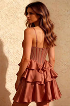 Esther Bronze Mini Dress Bows | Tiered Satin Homecoming Party Look