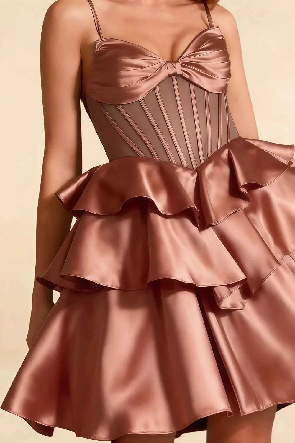 Esther Bronze Mini Dress Bows | Tiered Satin Homecoming Party Look