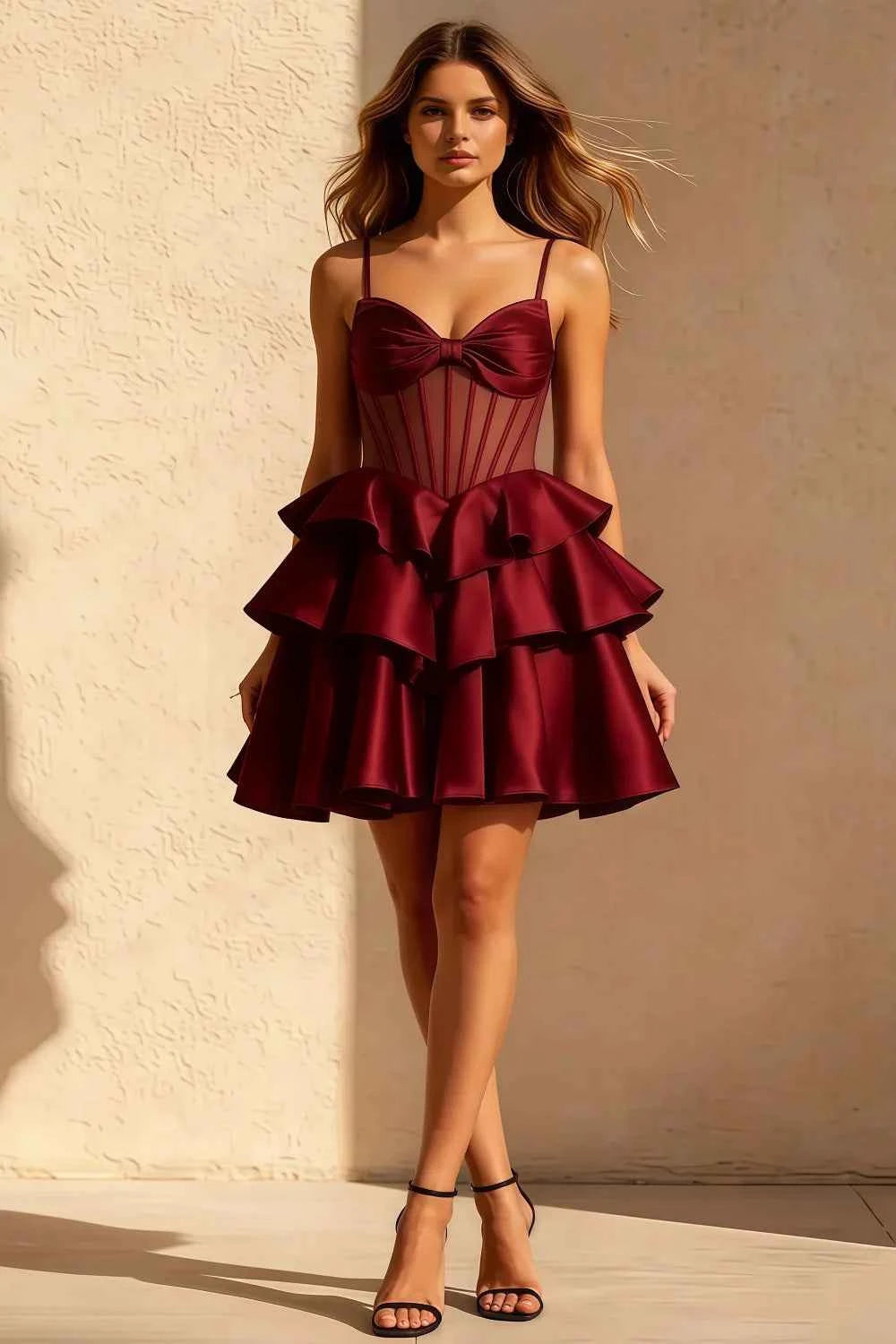 Esther Burgundy Bow Mini Dress | Corset Tiered Homecoming Gown Main image