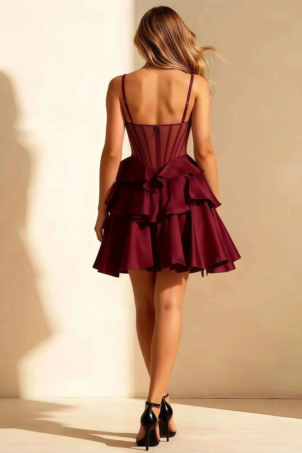 Esther Burgundy Bow Mini Dress | Corset Tiered Homecoming Gown Secondary image