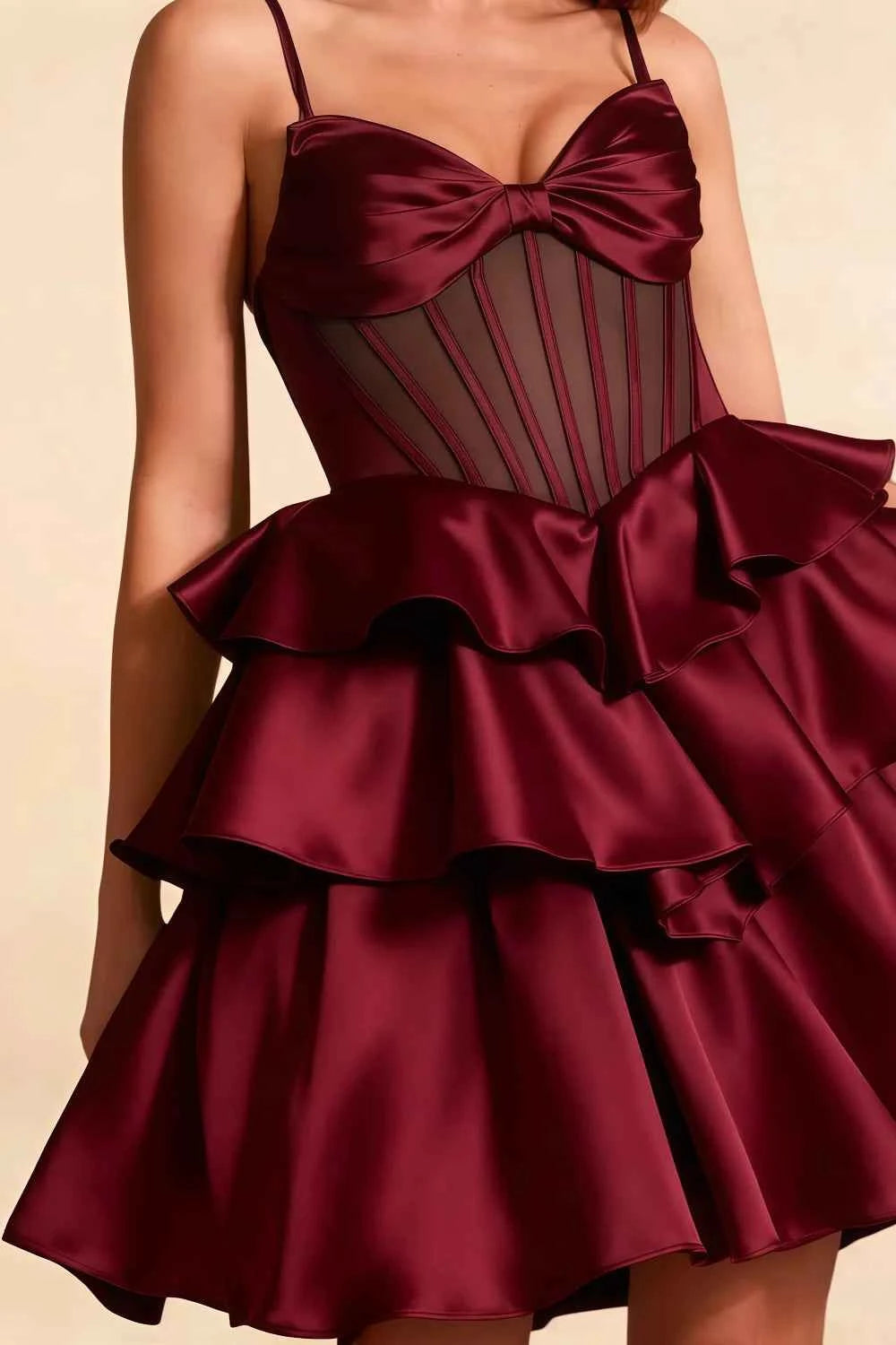 Esther Burgundy Bow Mini Dress | Corset Tiered Homecoming Gown