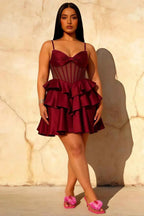 Esther Burgundy Bow Mini Dress | Corset Tiered Homecoming Gown