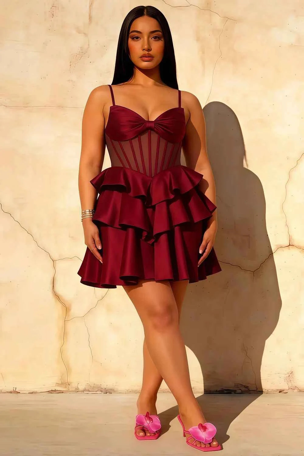 Esther Burgundy Bow Mini Dress | Corset Tiered Homecoming Gown