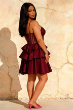 Esther Burgundy Bow Mini Dress | Corset Tiered Homecoming Gown