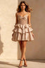 Esther Champagne Mini Bow Dress | Tiered Ruffle Homecoming Gown