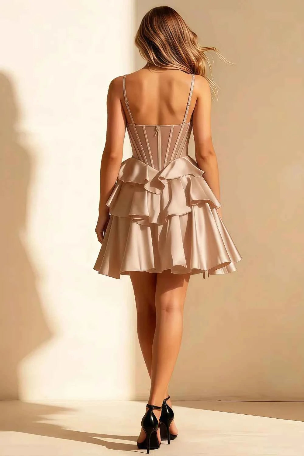 Esther Champagne Mini Bow Dress | Tiered Ruffle Homecoming Gown