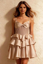 Esther Champagne Mini Bow Dress | Tiered Ruffle Homecoming Gown