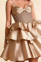 Esther Champagne Mini Bow Dress | Tiered Ruffle Homecoming Gown