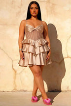 Esther Champagne Mini Bow Dress | Tiered Ruffle Homecoming Gown