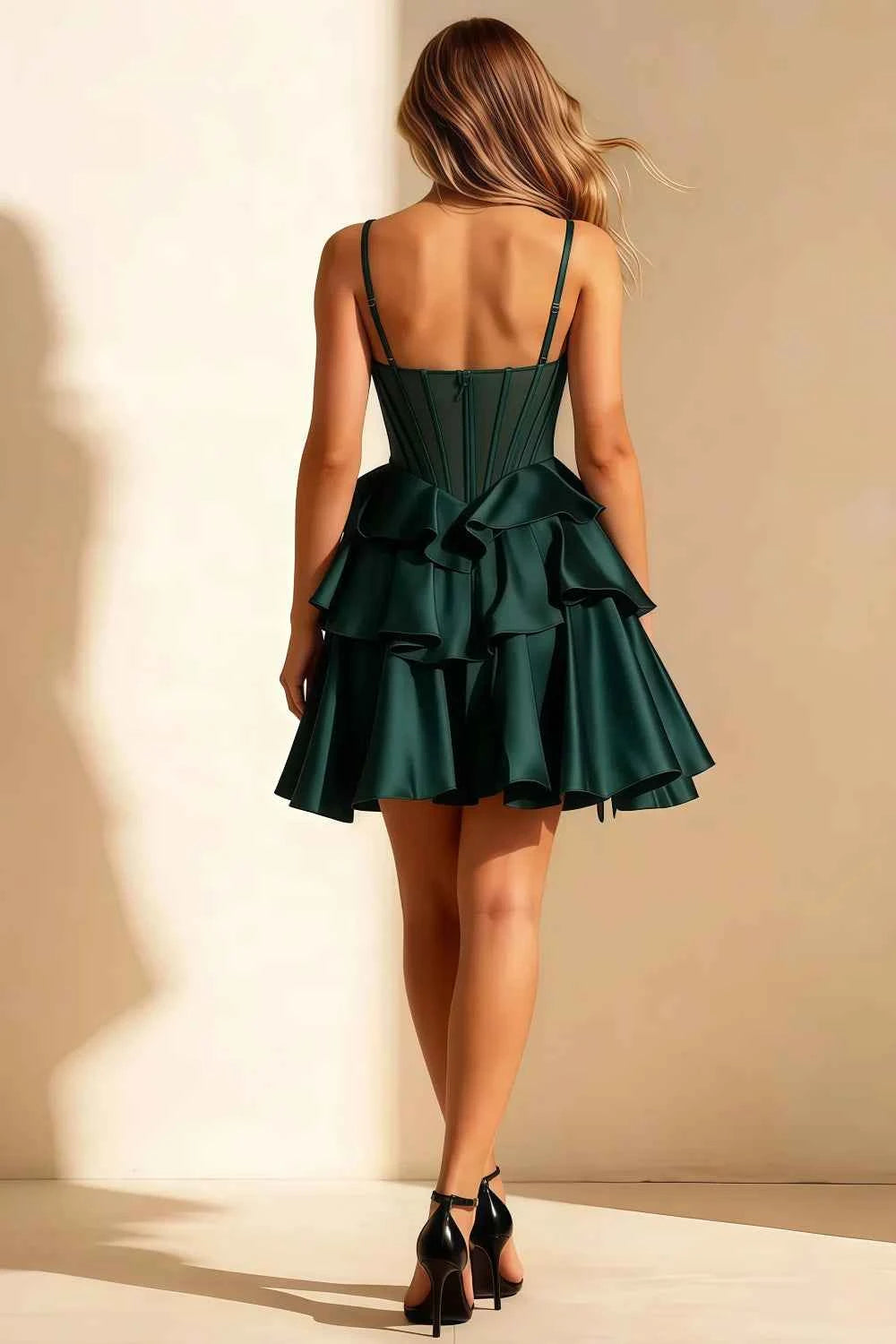 Esther Emerald Green Bow Mini Dress | A-Line Satin Tiered Dress