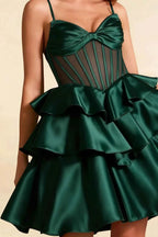 Esther Emerald Green Bow Mini Dress | A-Line Satin Tiered Dress