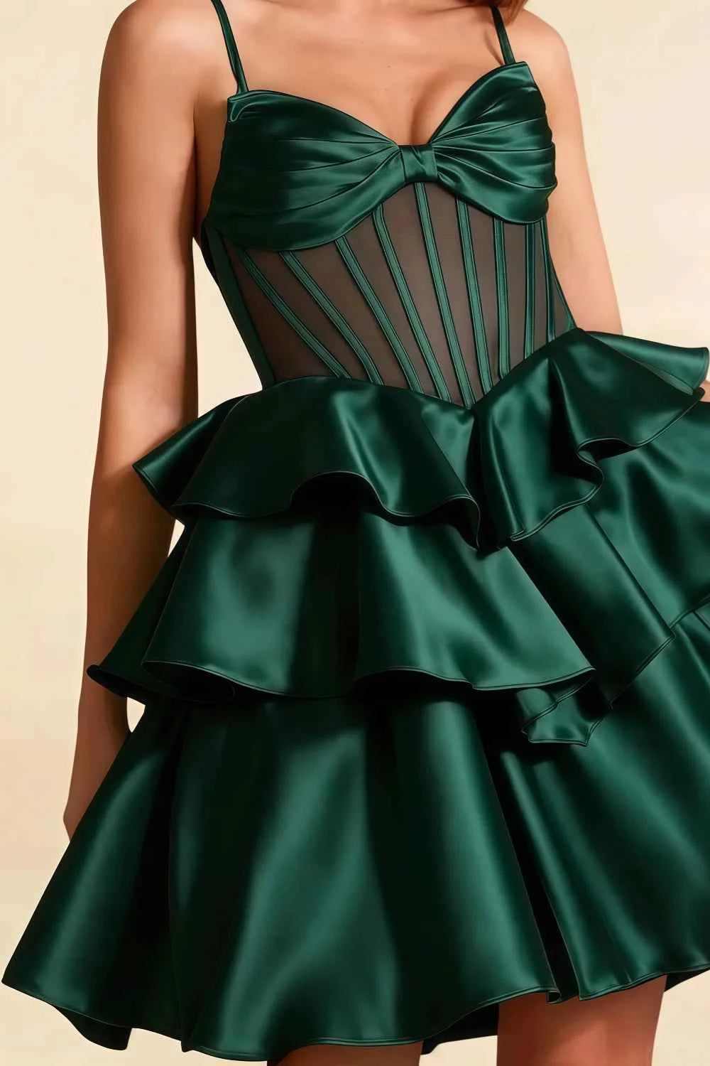 Esther Emerald Green Bow Mini Dress | A-Line Satin Tiered Dress