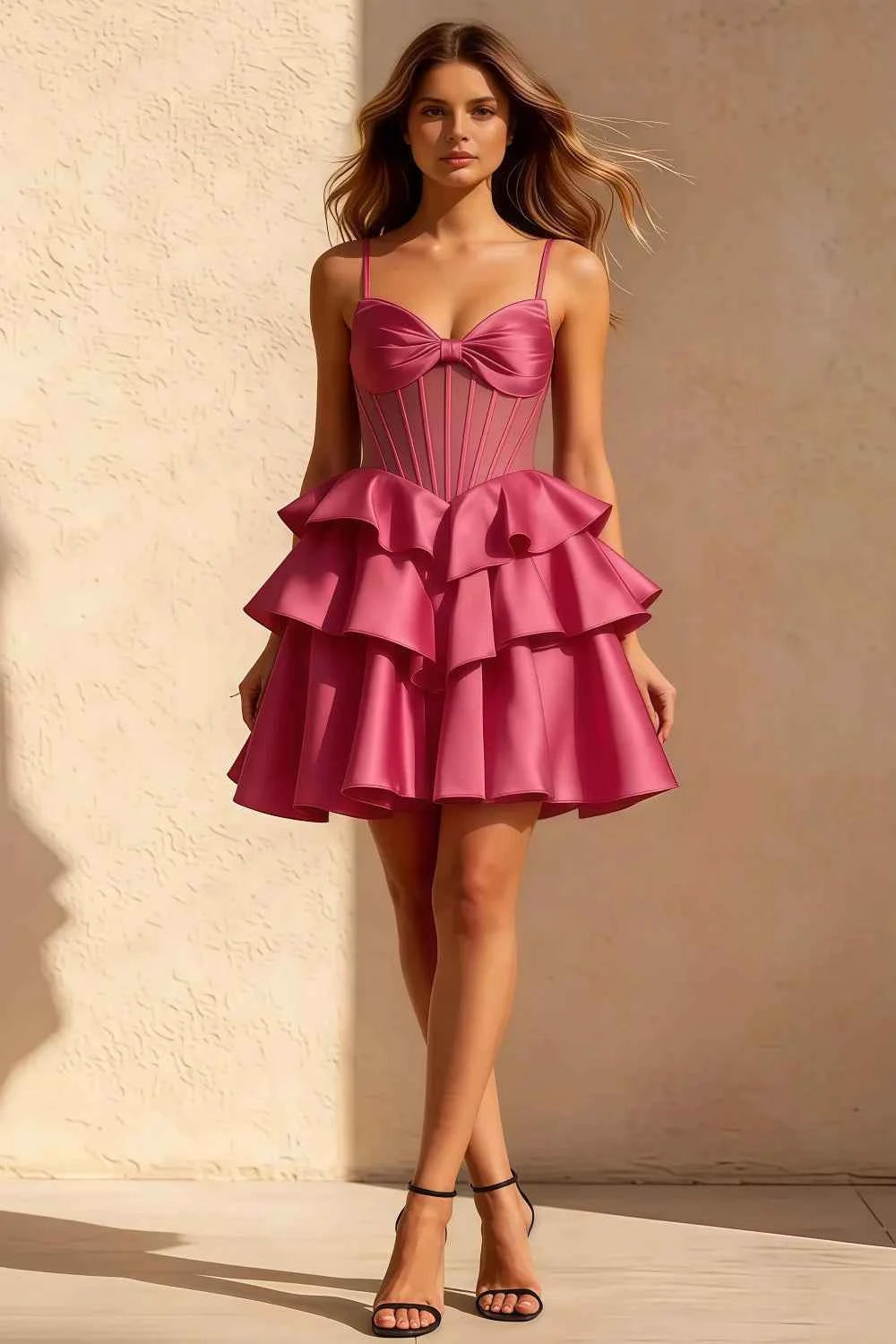 Esther Fuchsia Satin Mini Dress With Bow | Tiered Ruffle Hoco Gown Main image