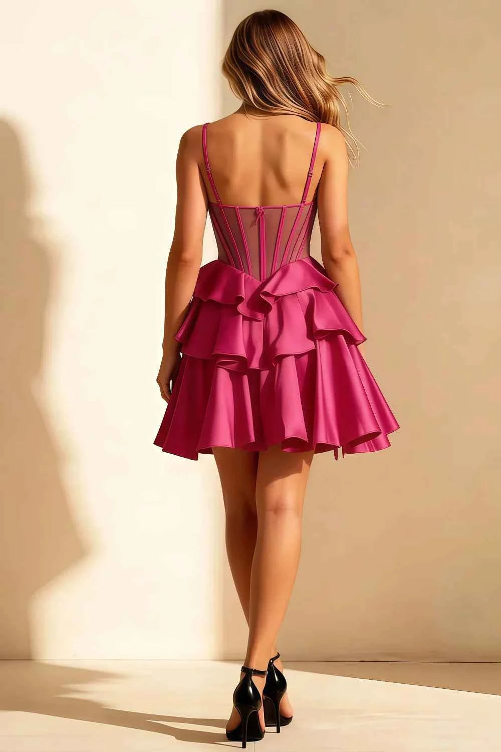 Esther Fuchsia Satin Mini Dress With Bow | Tiered Ruffle Hoco Gown
