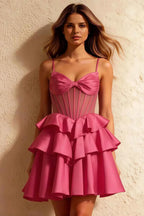 Esther Fuchsia Satin Mini Dress With Bow | Tiered Ruffle Hoco Gown