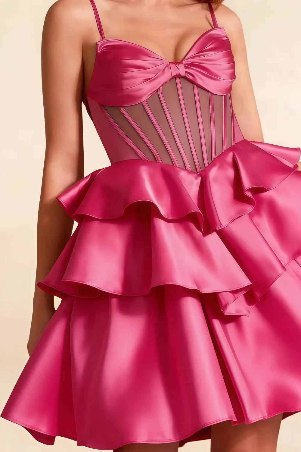 Esther Fuchsia Satin Mini Dress With Bow | Tiered Ruffle Hoco Gown