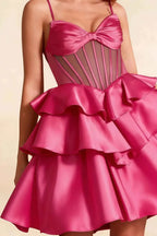 Esther Fuchsia Satin Mini Dress With Bow | Tiered Ruffle Hoco Gown